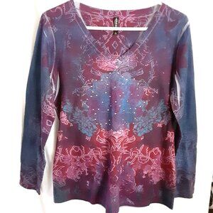 Massini Blouse Size LARGE Pullover Long Sleeve Rhinestones V-Neck